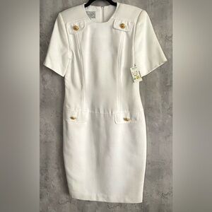 NWT's Vintage MODE White Cotton Gold Color Button Accents Sheath Lined Dress Sz6